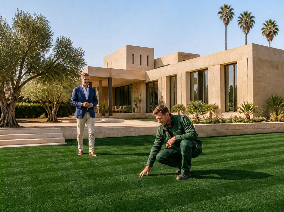 Technicien GreenNova inspectant une pelouse mature parfaitement installée