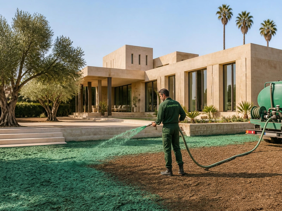 Machine d'hydroseeding projetant le mélange de semences sur le terrain préparé