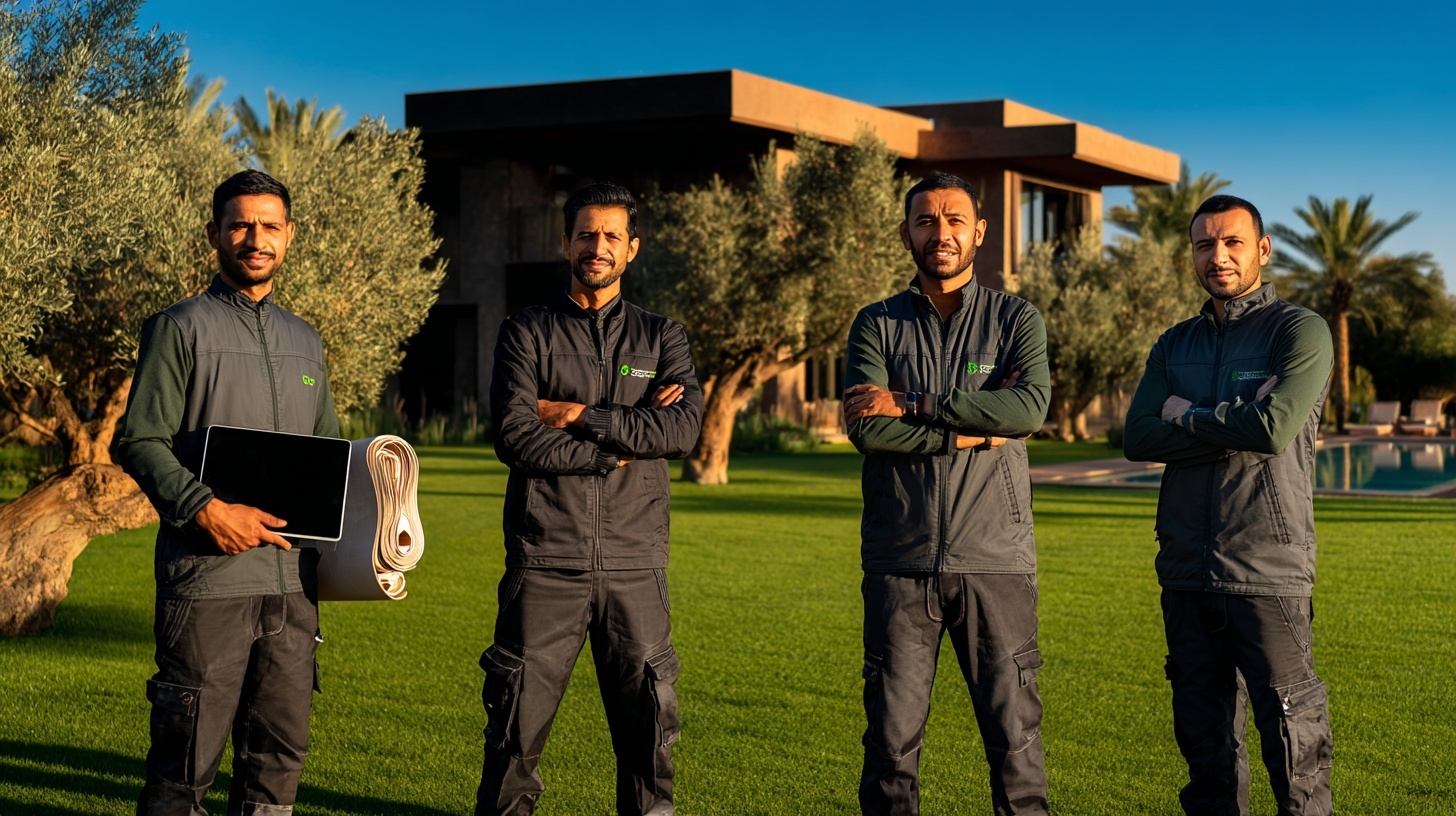 L'équipe GreenNova sur une pelouse fraîchement installée par engazonnement hydraulique au Maroc