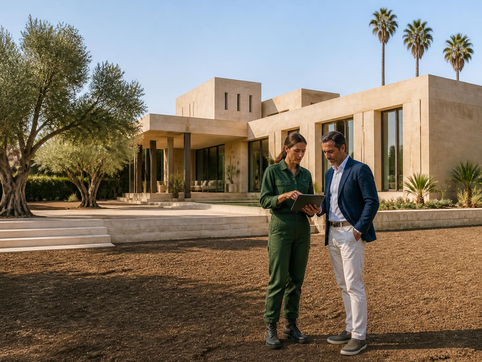 Spécialiste GreenNova discutant du projet avec le client dans son jardin