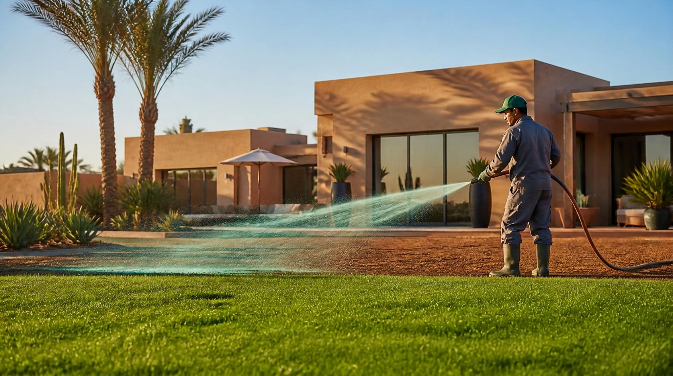 Technicien GreenNova réalisant un engazonnement hydraulique sur une pelouse naissante au Maroc